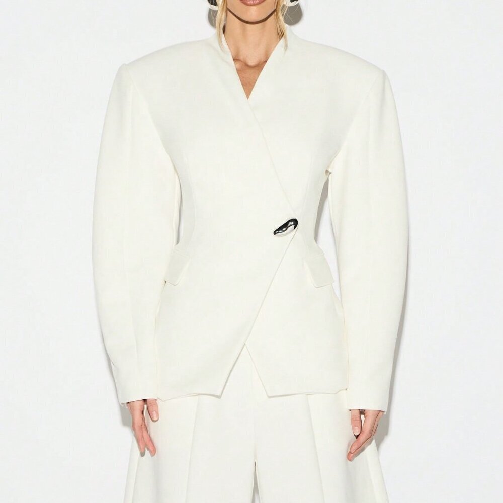 White Elegant Women's Balloon Sleeve V-Neck Blazer